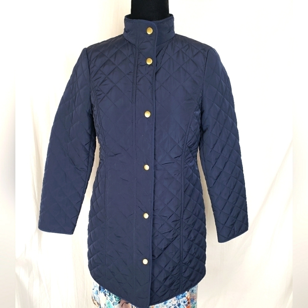 Talbots Navy Quilted Snap Button Long Sleeve Mid Thigh Length Sz Sp